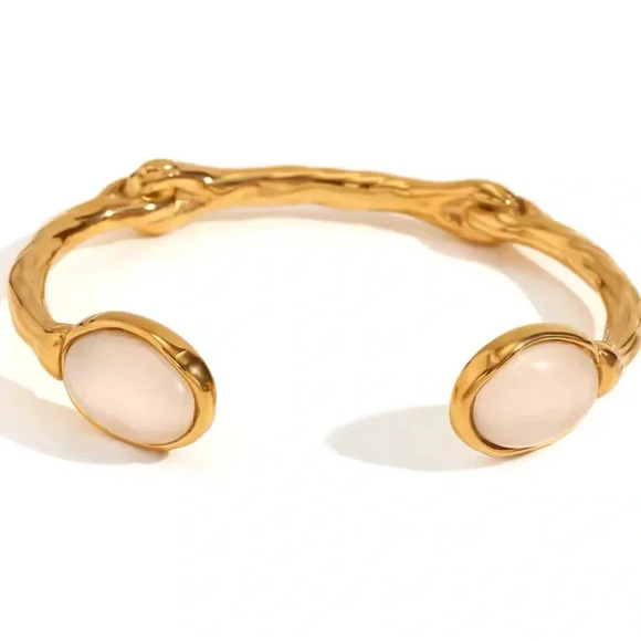 White Agate 18K Gold Stainless Steel Waterproof Cuff Bracelet - Picture 1 of 7